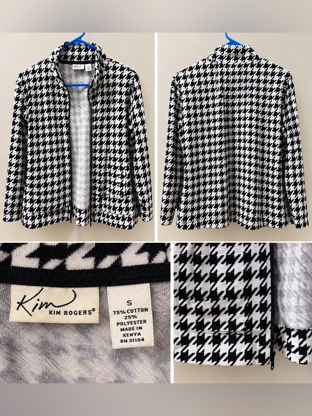 Kim Rogers Soft Black & White Houndstooth Jacket Size S | Zip Front